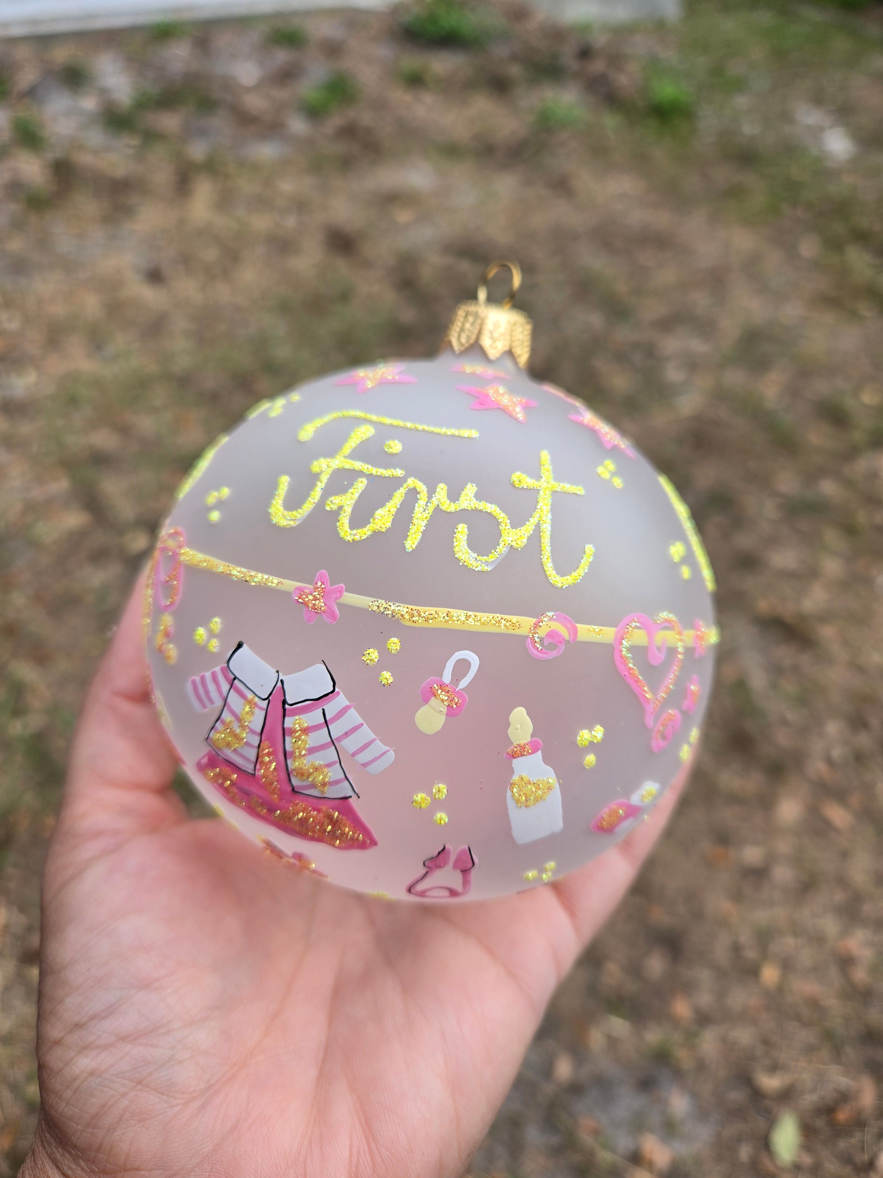 Baby's First Christmas - Hand Blown Glass Pink or Blue